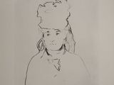 a drawing of a woman with a hat on top of her head