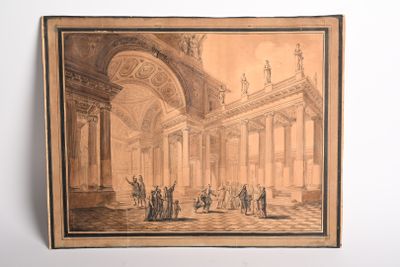 an old picture of a drawing of a building with people in it