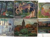 six paintings of women and men in a park with a church in the background