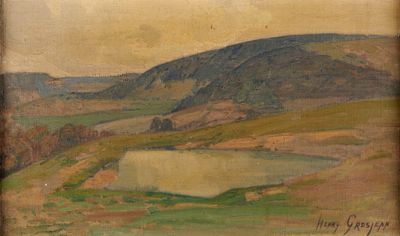 une image représentant un tableau de paysage avec un étang au premier plan