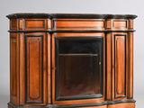 an image of a wooden cabinet with a mirror on top of it