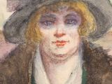 painting of a woman wearing a hat and a green shirt
