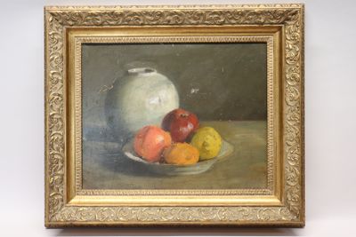 a picture of a painting of a bowl of fruit on a table