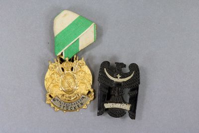 two medals that are on display on a table