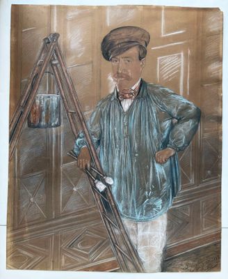 tableau représentant un homme tenant un fusil et un fusil posé sur un trépied
