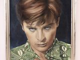 painting of a woman in a green shirt with her hand on her chest