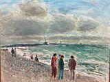 tableau représentant des personnes sur la plage, le regard tourné vers l'océan