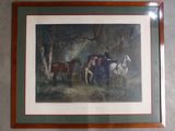 framed picture of a painting of two men and horses in a wooded setting