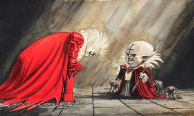 an image of a painting of a man and a woman in red cloaks