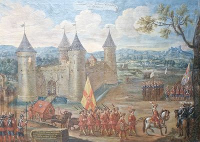 un tableau accroché au mur d'un château, sur lequel on voit beaucoup de personnages