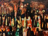une peinture représentant un groupe de personnes devant un bâtiment