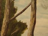 a painting of a man riding a horse in a wooded area