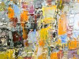 une peinture abstraite représentant un paysage urbain aux couleurs variées