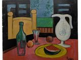 une peinture représentant une assiette de nourriture et une bouteille posées sur une table