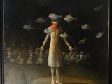 an oil painting of a woman in a white dress standing in front of a crowd of skulls
