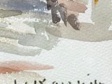 a watercolor painting of a man sitting on a bench