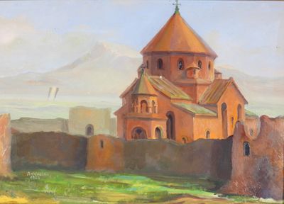 une peinture à l'huile représentant une église avec un clocher au sommet d'une colline