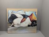 a painting of two dogs sleeping on a bed