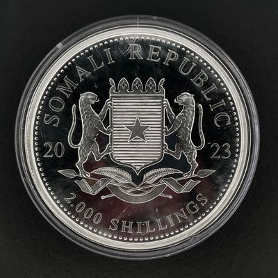 un gros plan d'une pièce d'argent sur laquelle figure un blason