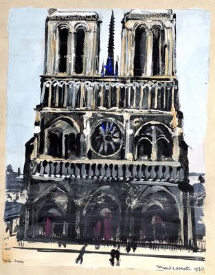 tableau représentant une grande cathédrale avec une horloge sur sa façade