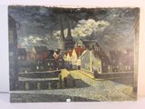 une image d'une peinture d'une ville au bord de l'eau