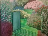 un tableau représentant un jardin avec un portail et des fleurs