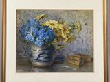 a painting of flowers in a blue vase on a table