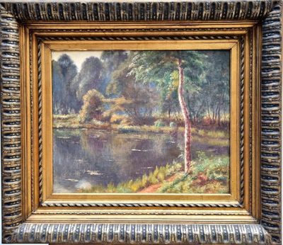 an image of a painting of a river with trees in the background