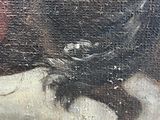 a painting of a black dog with a red collar
