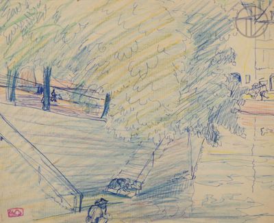drawing of a park with a bench and a dog on a leash