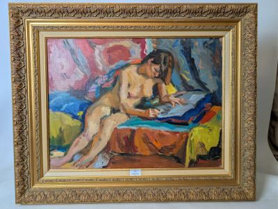 une peinture représentant une femme nue assise sur un lit