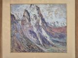 une peinture à l'huile représentant une chaîne de montagnes, encadrée et accrochée au mur
