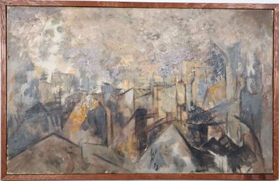 an image of a painting of a cityscape with buildings in the background