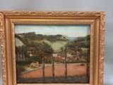 an oil painting of a farm scene in a gold frame