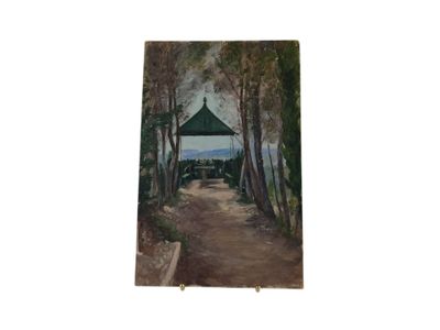 une photo d'un tableau représentant un belvédère dans les bois
