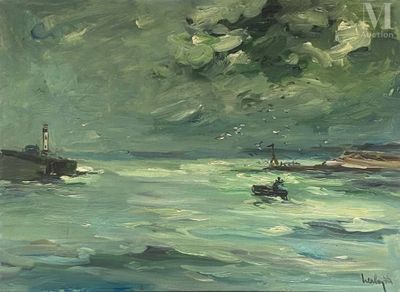 un tableau représentant un bateau sur l'eau, avec un phare en arrière-plan