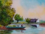 a painting of a man in a boat on the water
