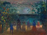 une peinture à l'huile représentant un groupe de personnes debout devant un plan d'eau
