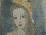 drawing of a woman with a yellow headband and a feather on her head