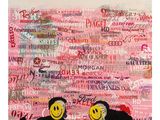 un tableau représentant deux personnes aux visages souriants sur un fond rose