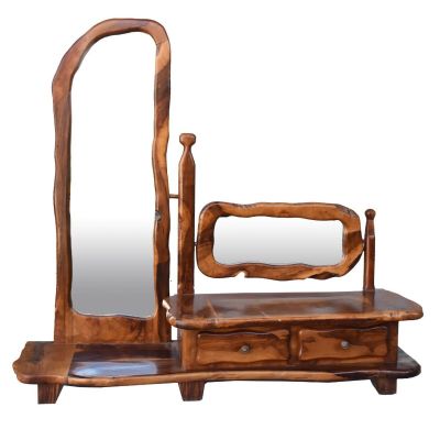 an image of a wooden vanity with a mirror