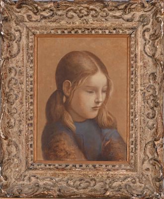 portrait of a young girl in a blue dress by a gold frame