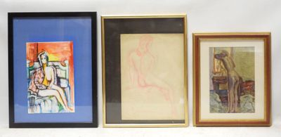 three framed pictures of a woman and a man sitting on a couch