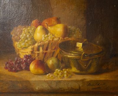 une peinture à l'huile représentant une corbeille de fruits et un bol de raisins