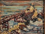 a painting of a man riding a horse over a bridge