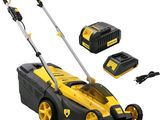 un gros plan d'une tondeuse à gazon jaune et noire équipée de deux batteries