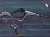 peinture représentant une peinture d'un oiseau volant au-dessus d'un plan d'eau, avec la pleine lune en arrière-plan