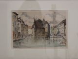 une image d'une peinture d'une ville au bord de l'eau