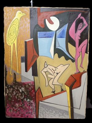 une photo d'un tableau représentant une femme et un oiseau posés sur une table