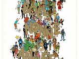 a poster of a group of people standing in front of a large number of letters